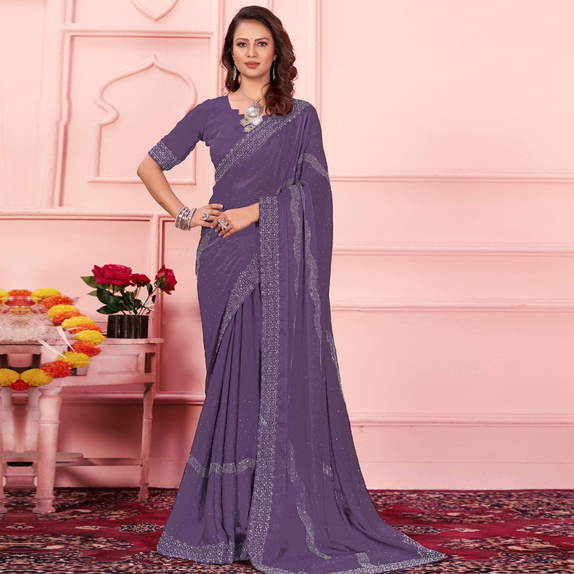 Light Purple Swarovski Work Satin Saree