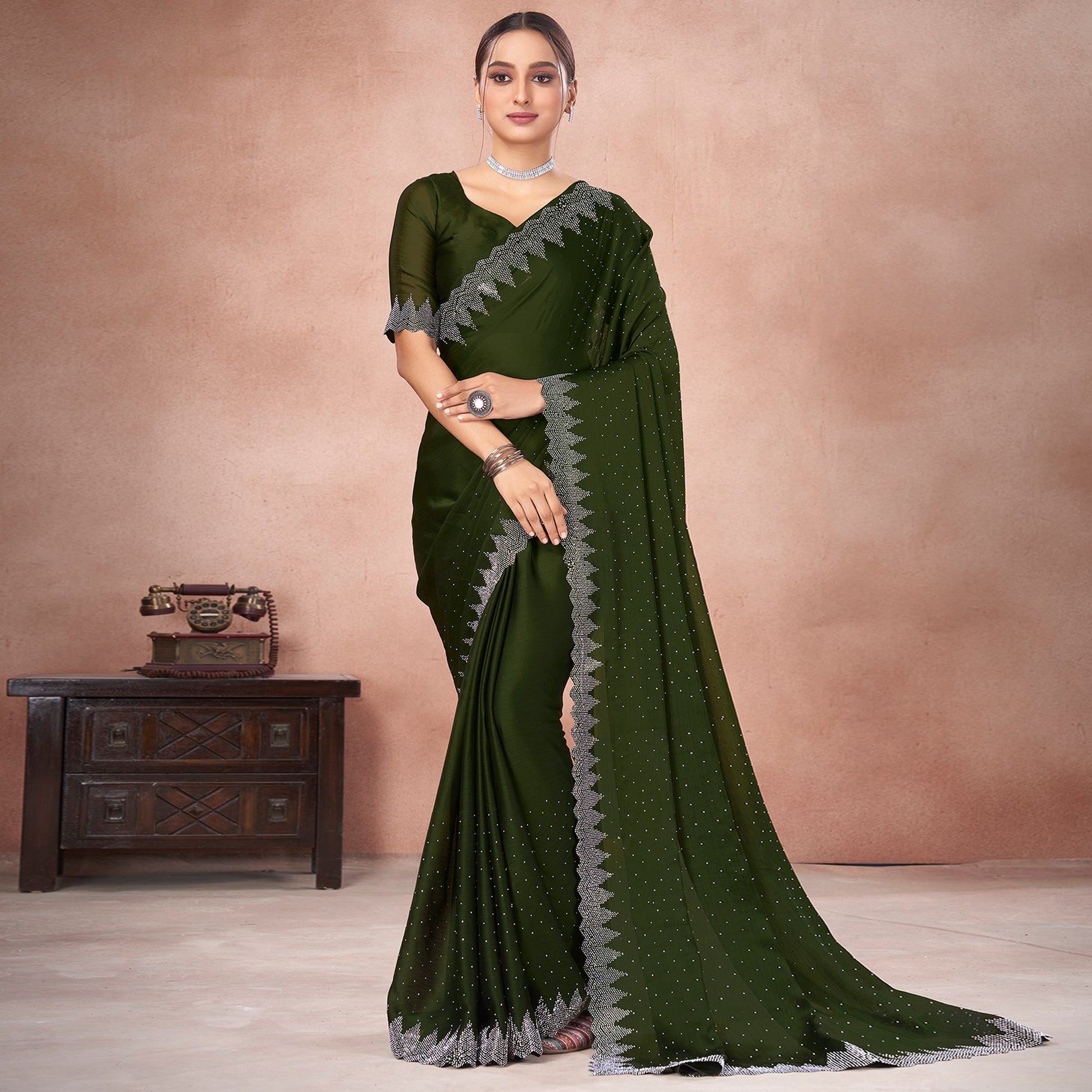 Mehendi Green Swarovski Work Satin Saree