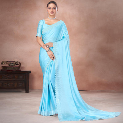 Blue Swarovski Work Satin Saree