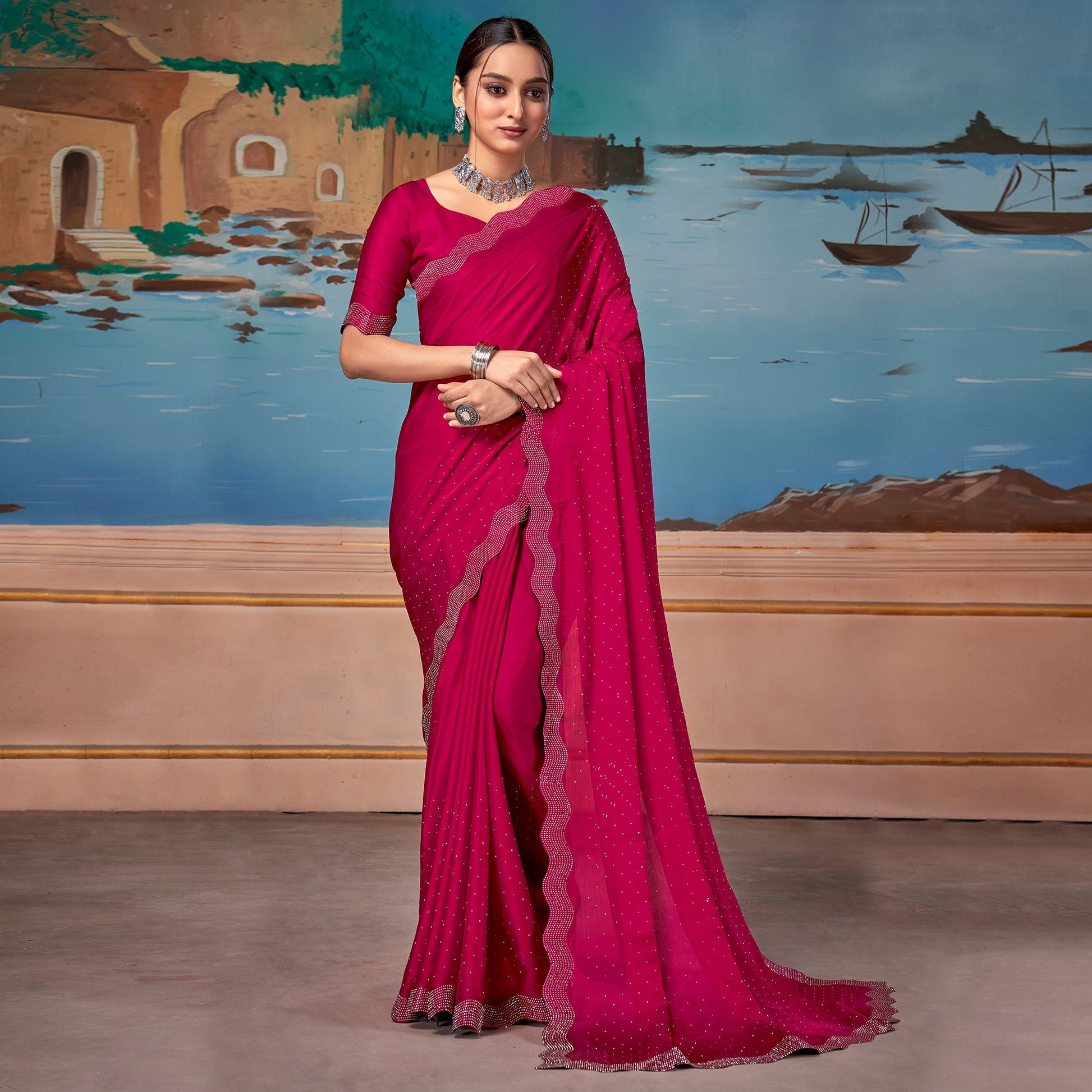 Cherry Pink Swarovski Work Satin Saree