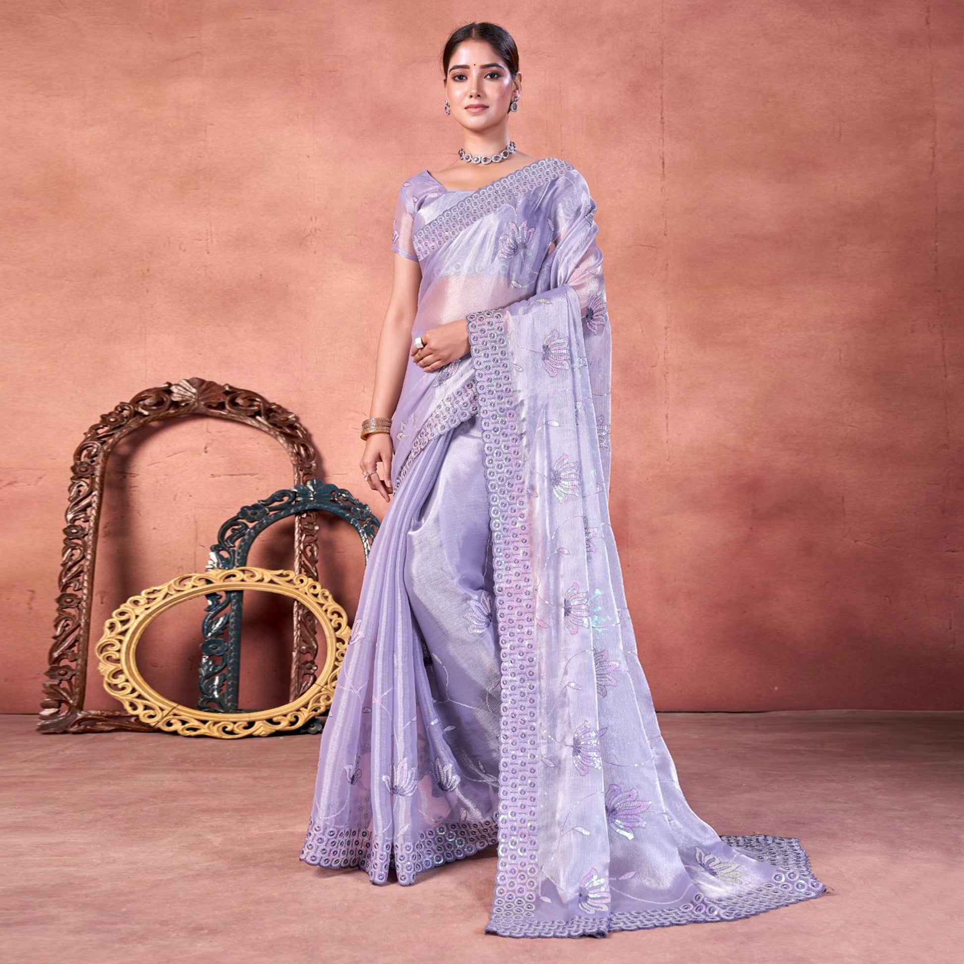 Lavender Floral Sequins Embroidered chiffon Saree