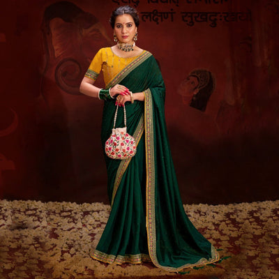 Dark Green Embroidered Vichitra Silk Saree With Tassels