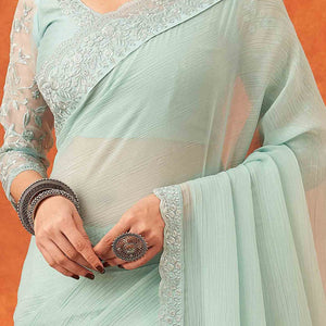 Mint Green Embroidered Crunchy Soft Net Saree With Embellished Border