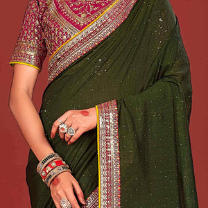 Mehandi Green Swarovski Work Embroidered Vichitra Silk Saree
