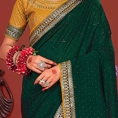 Dark Green Swarovski Work Embroidered Vichitra Silk Saree