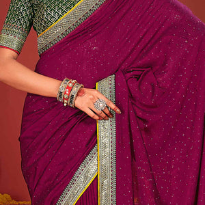 Magenta Swarovski Work Embroidered Vichitra Silk Saree