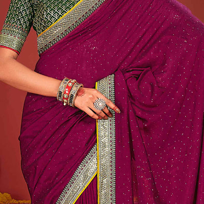 Magenta Swarovski Work Embroidered Vichitra Silk Saree