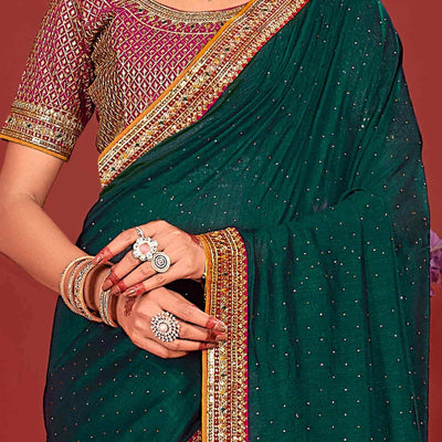 Morpich green Swarovski Work Embroidered Vichitra Silk Saree