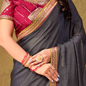 Grey Swarovski Work Satin Saree With Designer Border