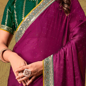 Magenta Swarovski Work Satin Saree With Designer Border