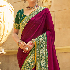 Magenta Solid With Embroidered Border Vichitra Silk Saree