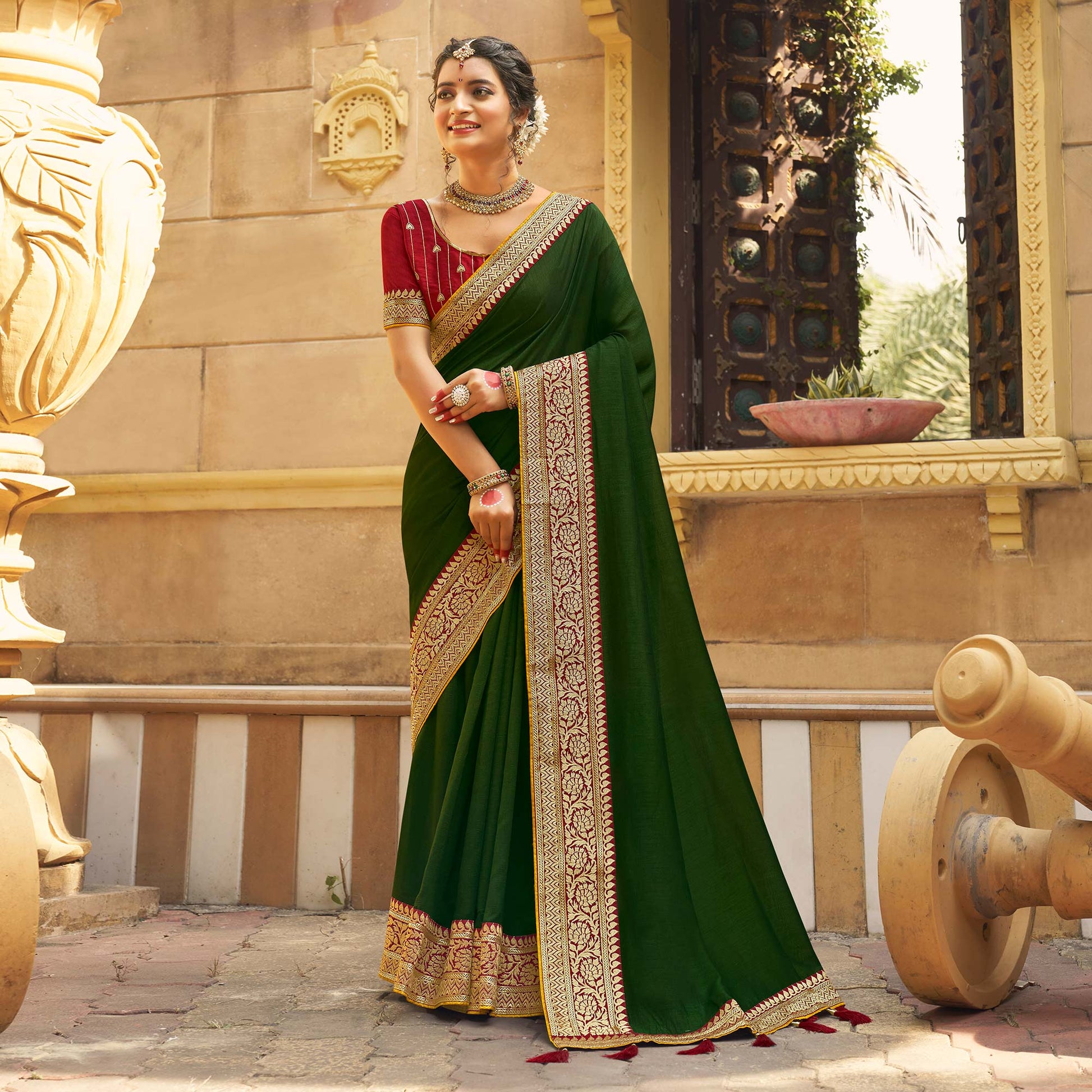 green-solid-with-embroidered-border-vichitra-silk-saree