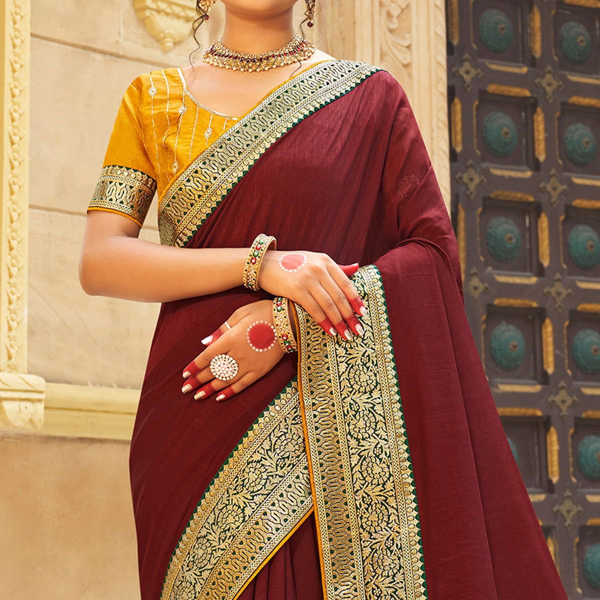 Maroon Solid With Embroidered Border Vichitra Silk Saree