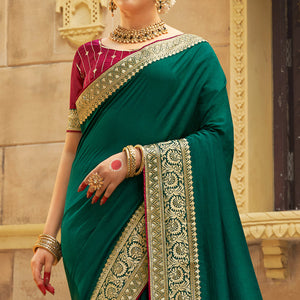 Morpich Green Solid With Embroidered Border Vichitra Silk Saree