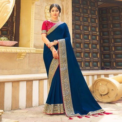 Blue Solid With Embroidered Border Vichitra Silk Saree