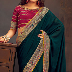 Morpich Green Solid With Embroidered Border Vichitra Silk Saree