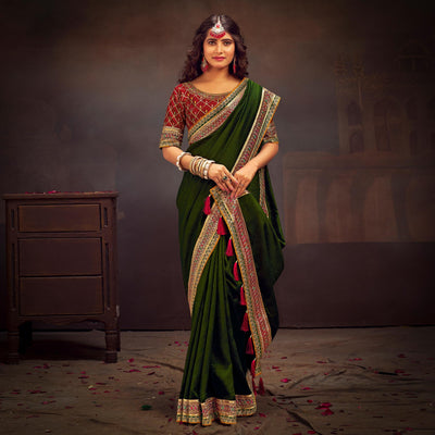 Mehandi Green Solid With Embroidered Border Vichitra Silk Saree