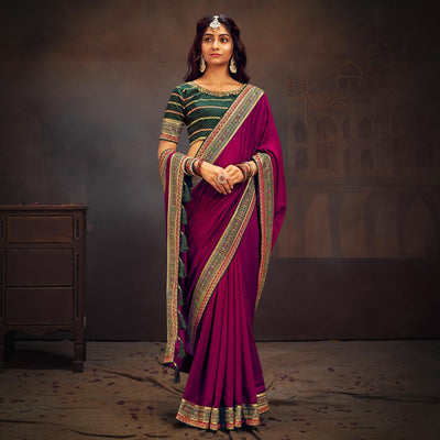 Magenta Solid With Embroidered Border Vichitra Silk Saree