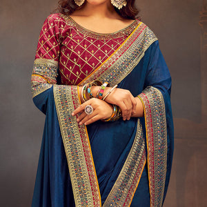Blue Solid With Embroidered Border Vichitra Silk Saree