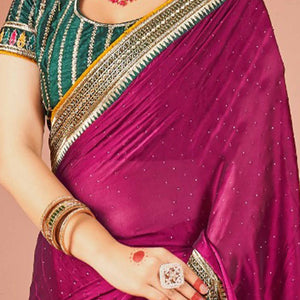 Magenta Swarovski Work Satin Rangoli Saree With Embroidered Border