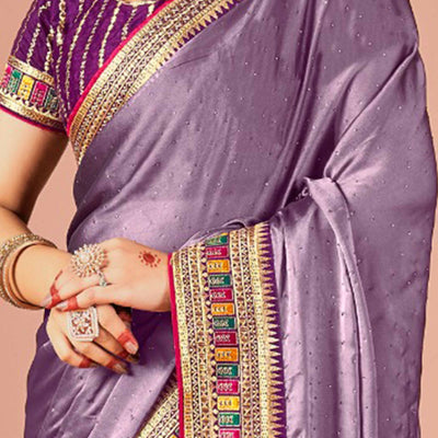 Lavender Swarovski Work Satin Rangoli Saree With Embroidered Border