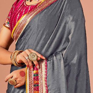 Grey Swarovski Work Satin Rangoli Saree With Embroidered Border