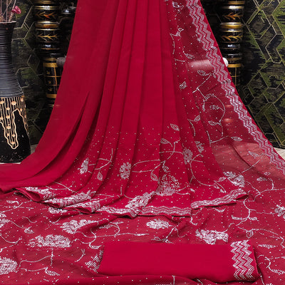 Cherry Red Swarovski Work Georgette Saree