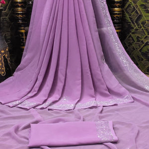 Lavender Swarovski Work Georgette Saree With Tassels