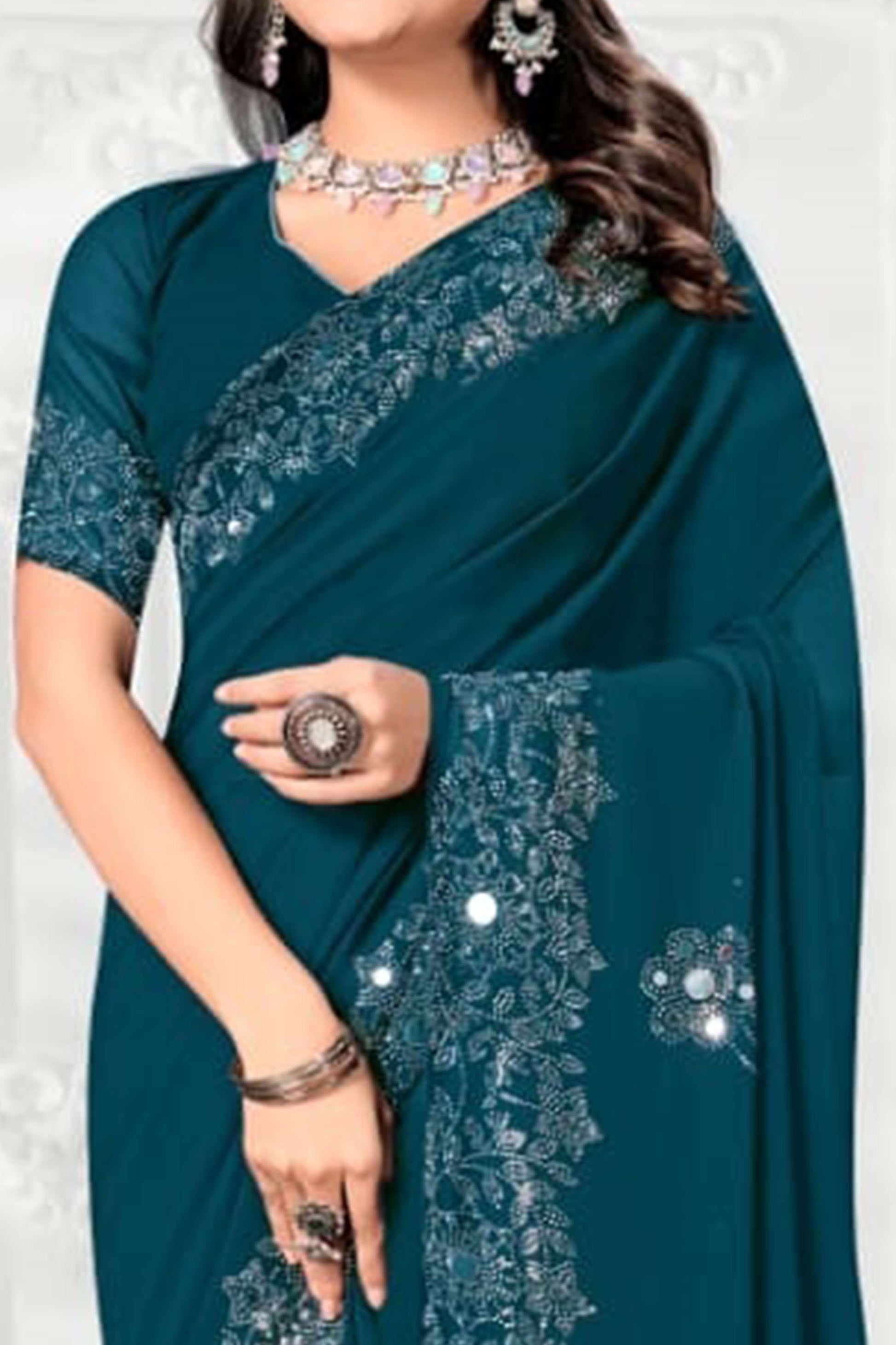 Morpich Floral Swarovski With Mirror Work Georgette Saree