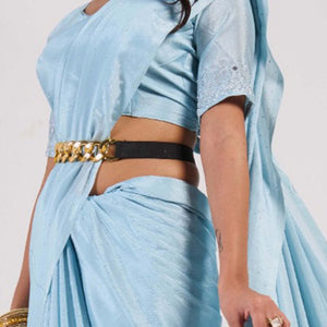 Blue Swarovski With Mirror Work Chinon Saree