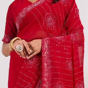 Cherry Red Swarovski Work Georgette Saree