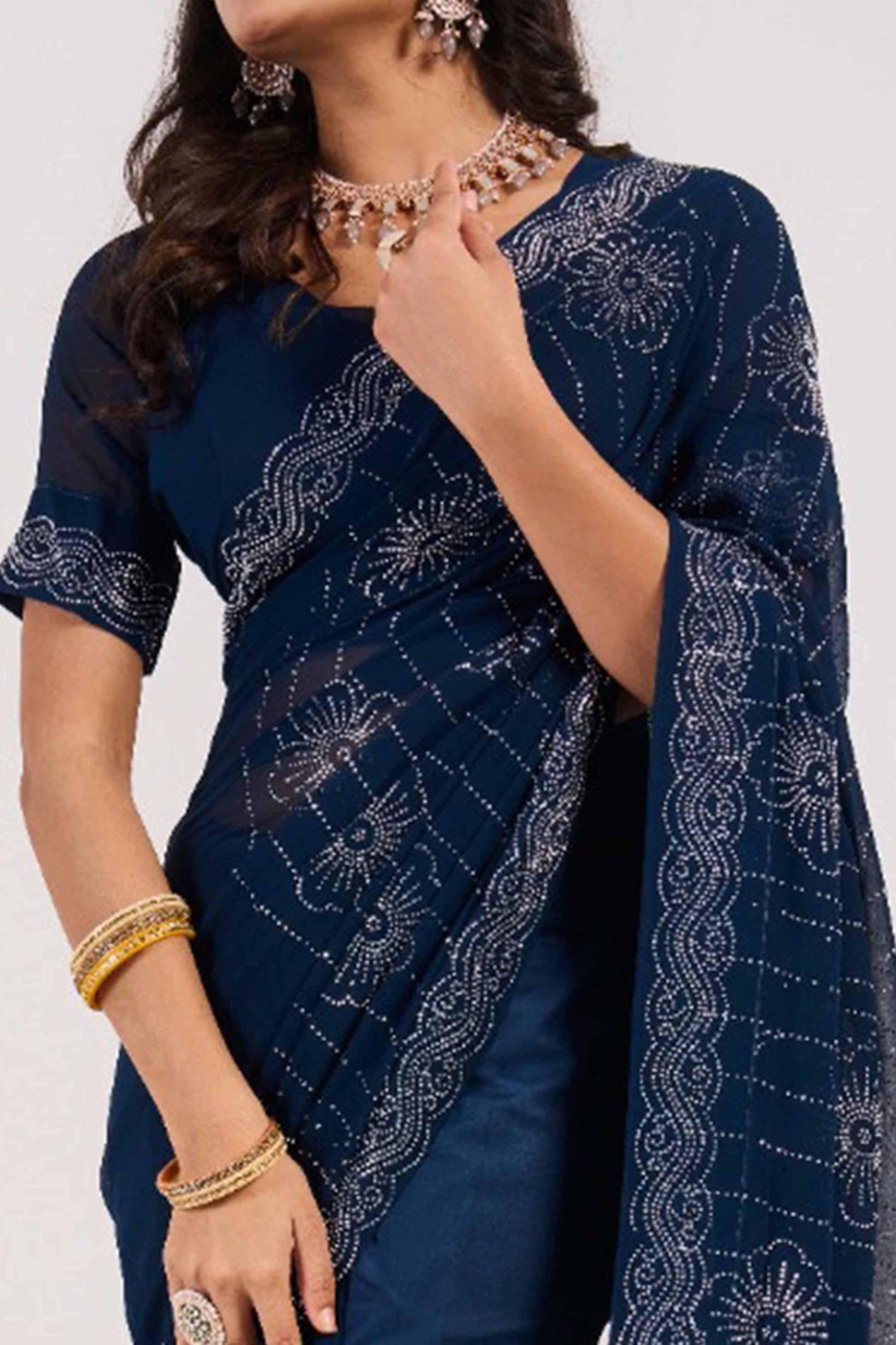 Blue Swarovski Work Georgette Saree