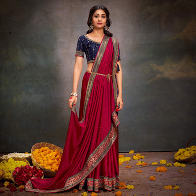 Magenta Swarovski Work Satin Saree With Tassels