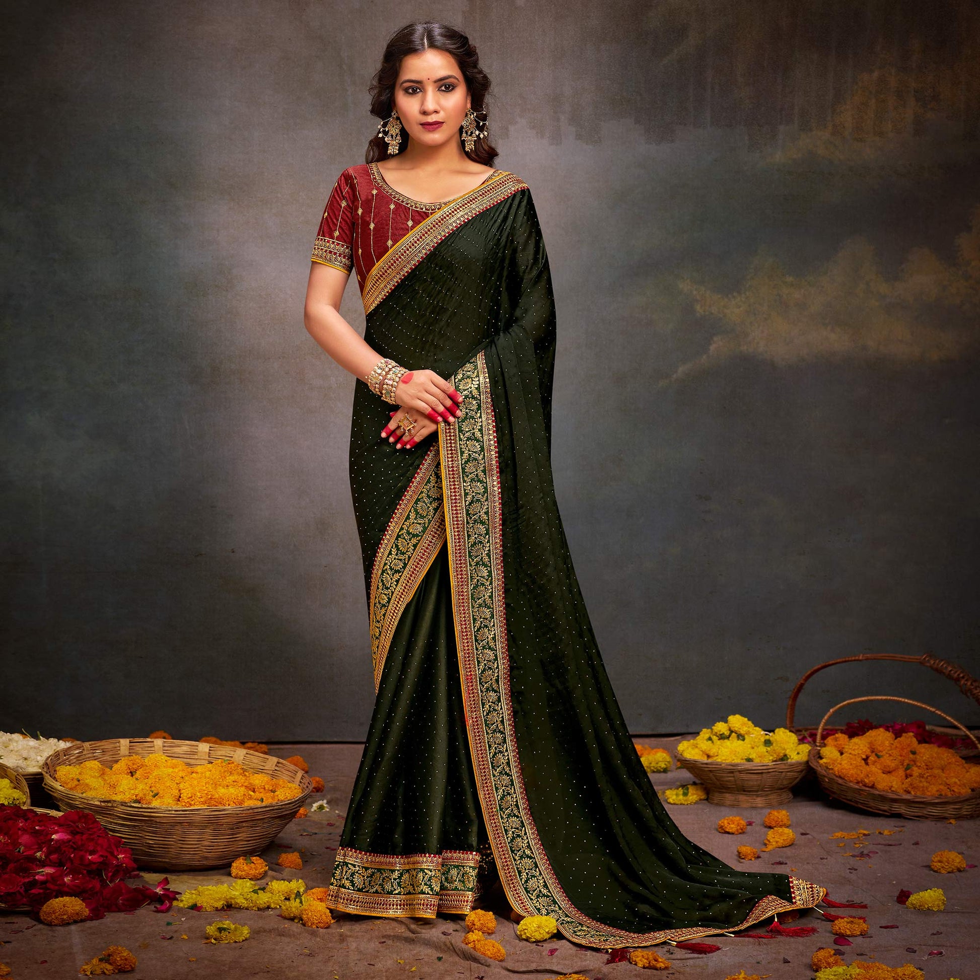 Mehandi Green Swarovski Work Satin Saree With Tassels