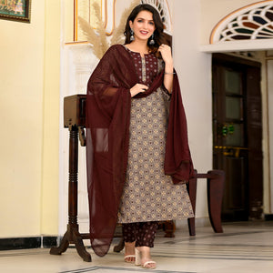 Brown Printed Chanderi Suit