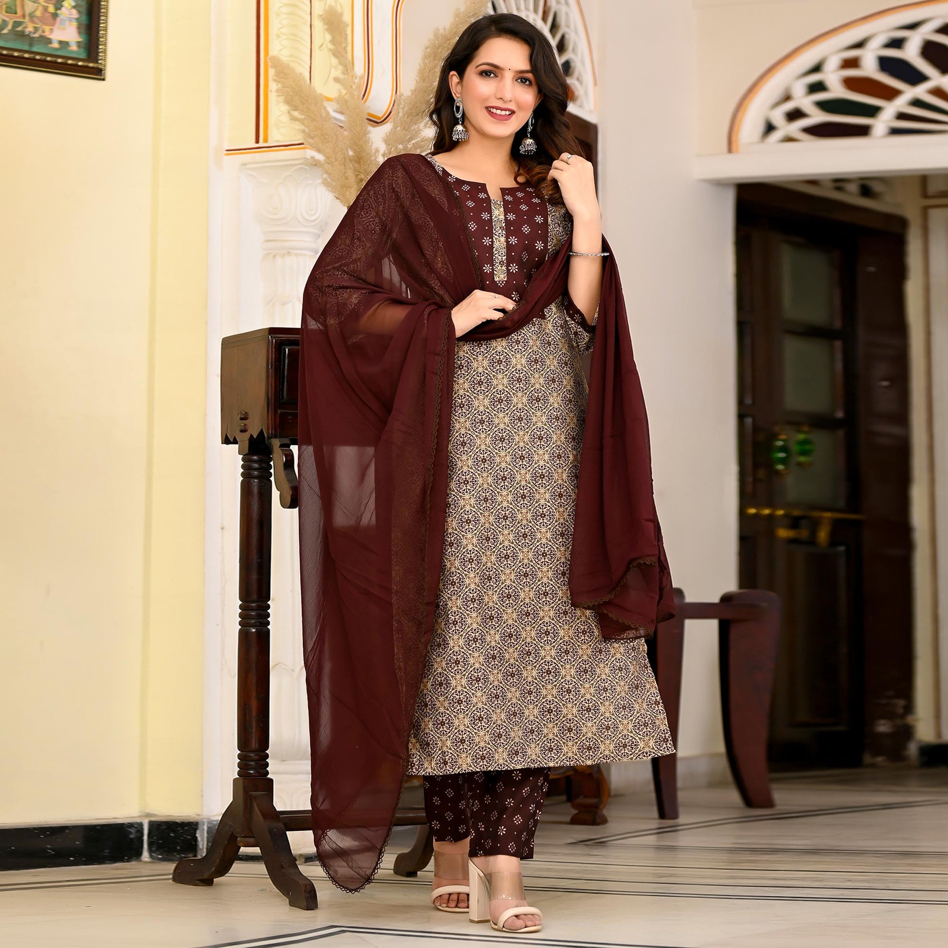Brown Printed Chanderi Suit
