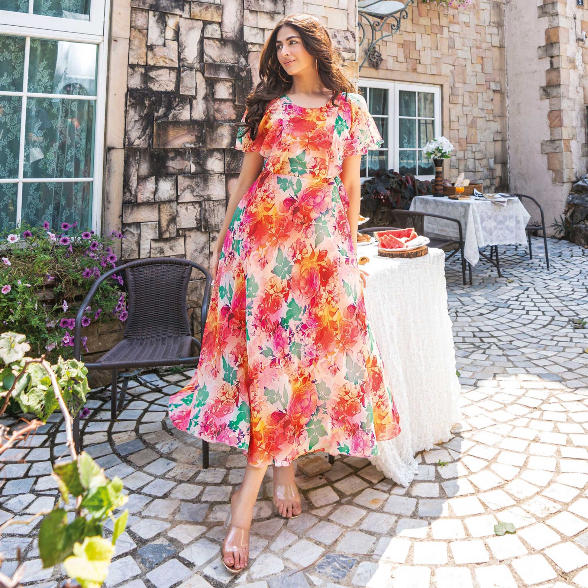 Multicolor Digital Floral Printed Chiffon Dress