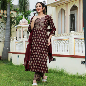 Maroon Floral Foil Printed Modal Suit