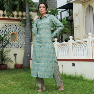 green-foil-printed-chanderi-kurti-pant-set