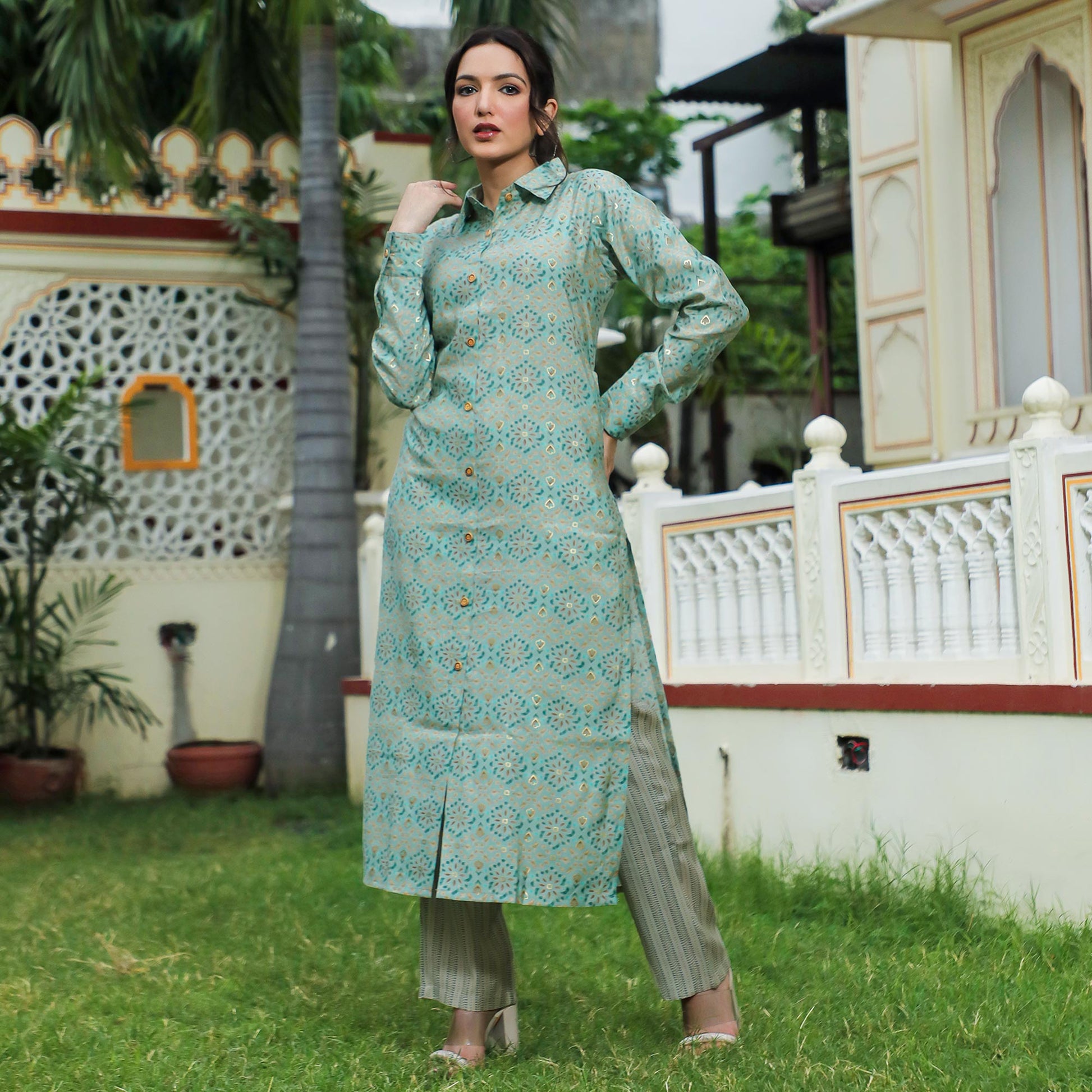 green-foil-printed-chanderi-kurti-pant-set
