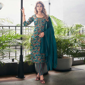 Blue Straight Chanderi Silk Suit With Handcrafted & Foil Print