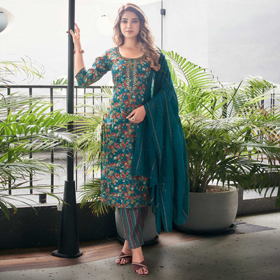 Blue Straight Chanderi Silk Suit With Handcrafted & Foil Print