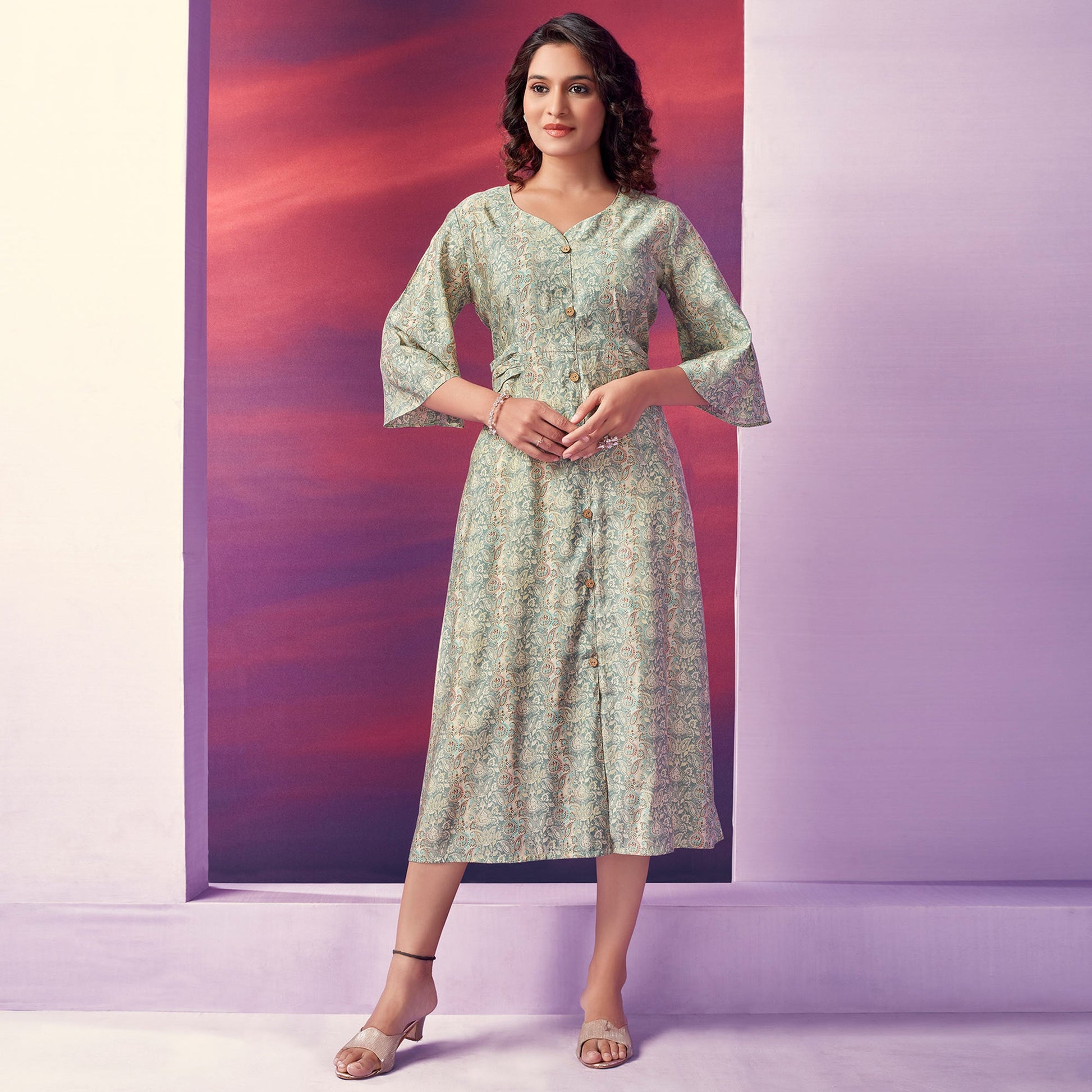 green-floral-foil-printed-chanderi-silk-dress