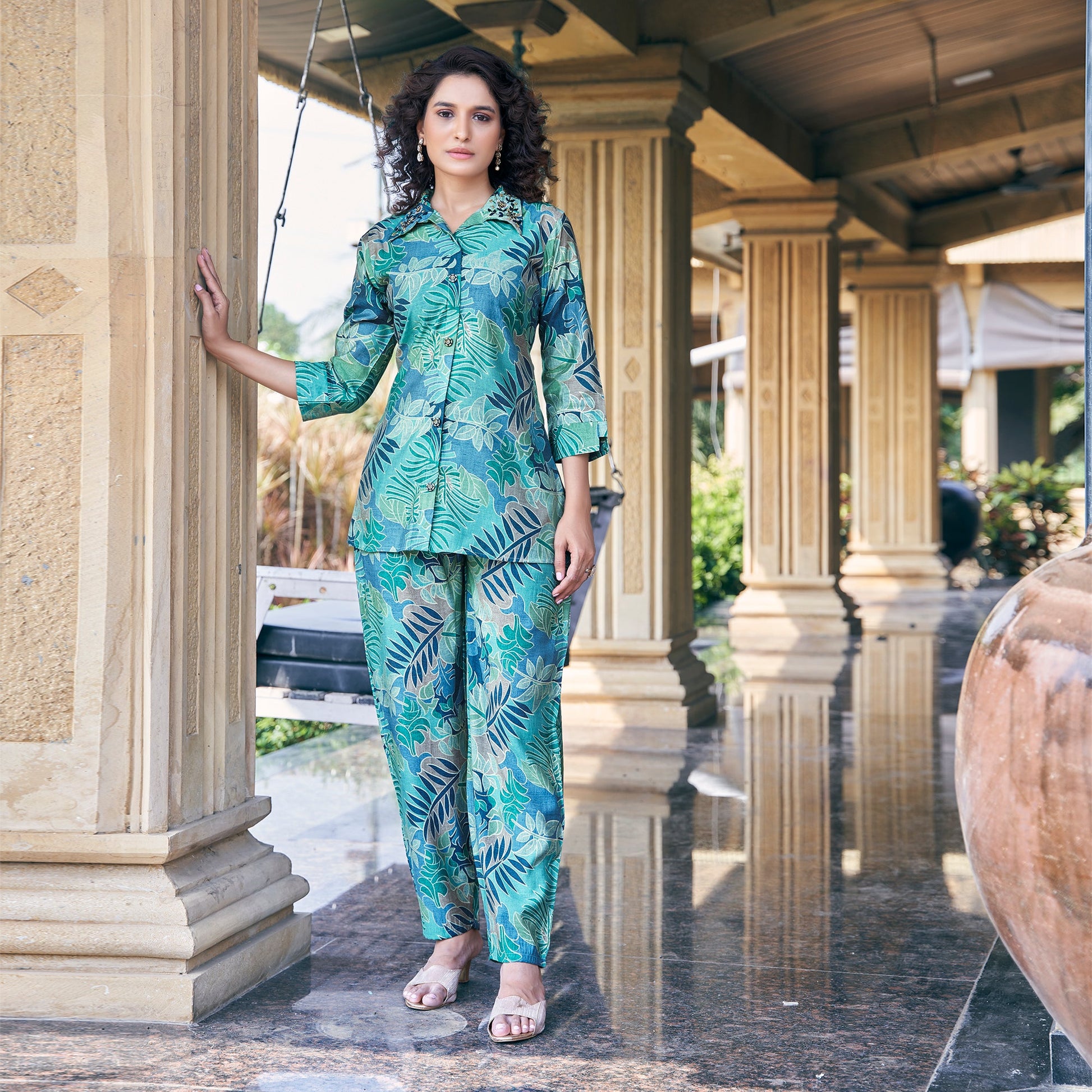 green-foil-printed-chanderi-silk-co-ord-set