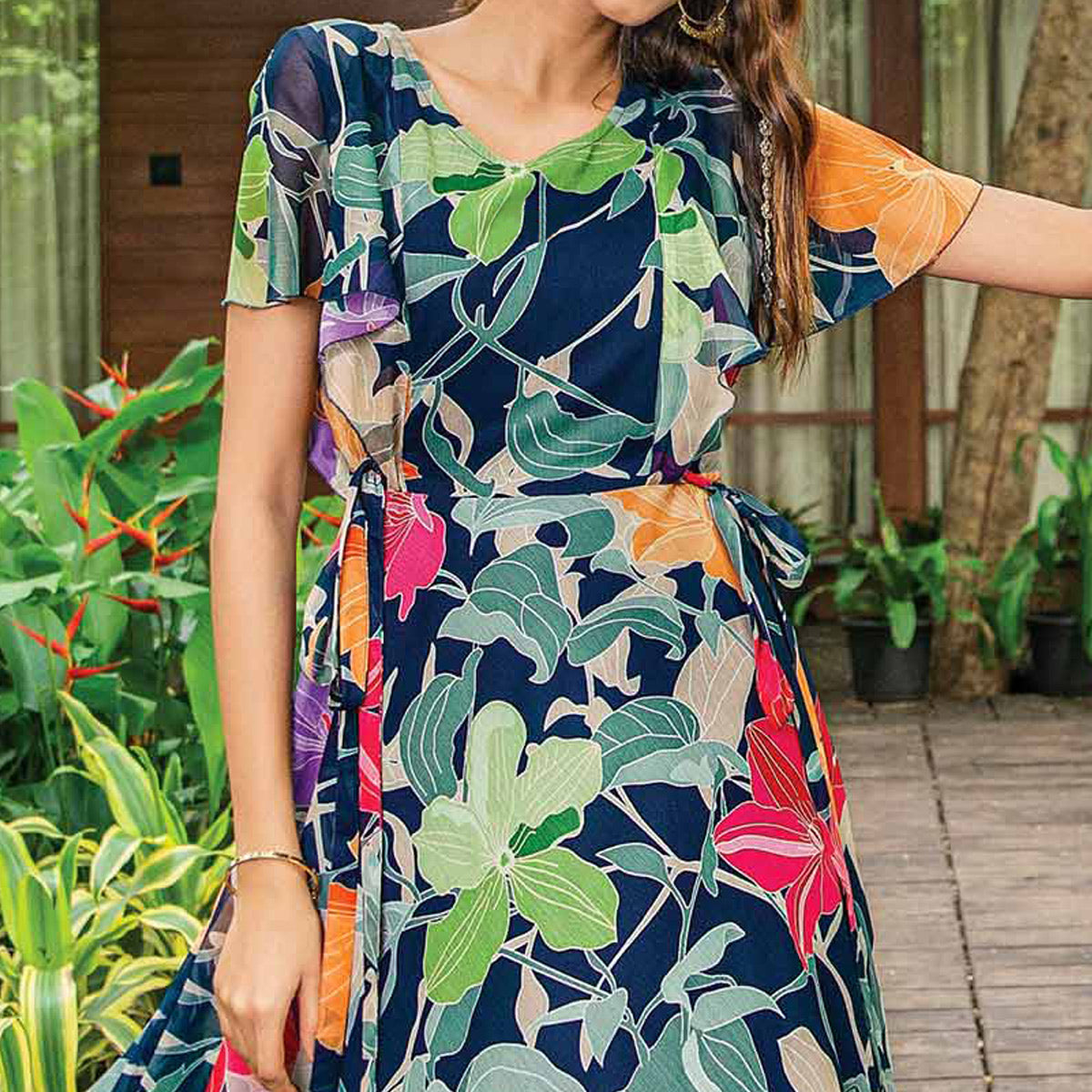 Multicolor Floral Printed A-Line Chiffon Dress