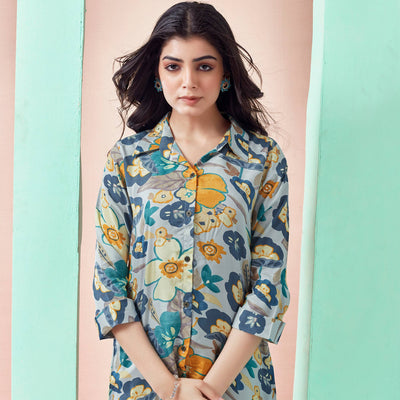 Light Grey Floral Printed Muslin Top