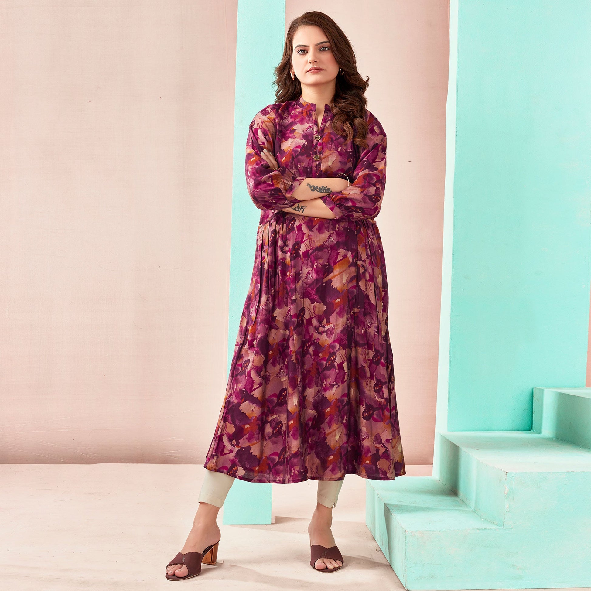 Maroon A-Line Printed Chanderi Silk Dress