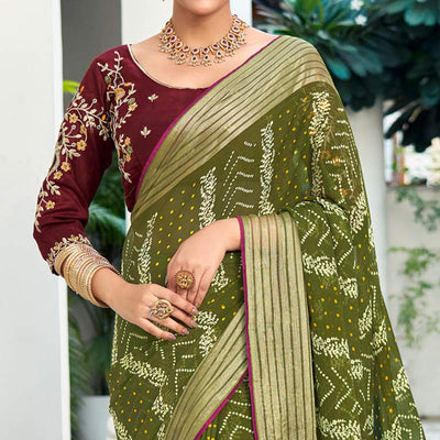 green-bandhani-printed-chiffon-saree-with-tassels