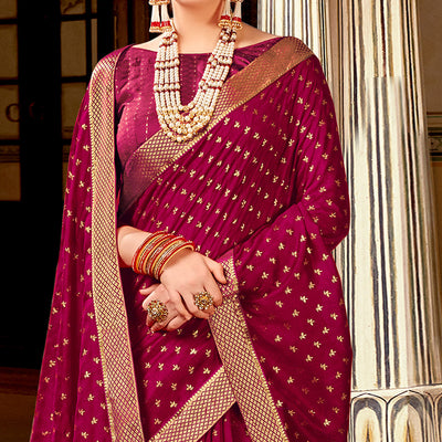 Magenta Foil Printed Vichitra Silk Saree