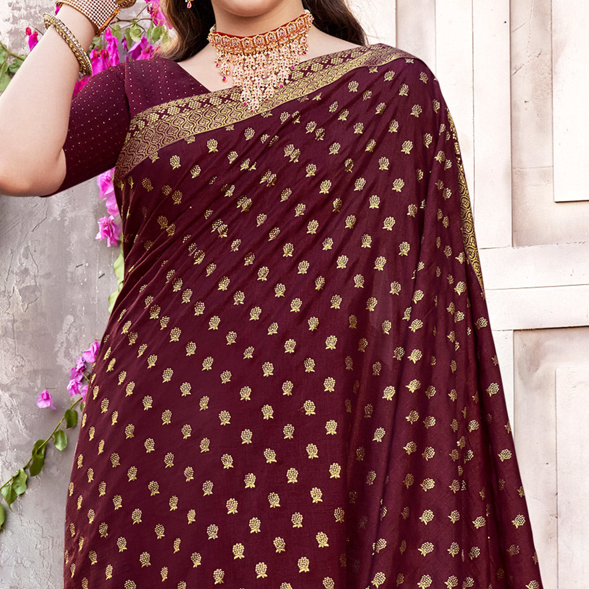 Maroon Floral Foil Printed Vichitra Silk Saree